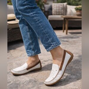 Gabor White Leather Perforated Slip On Loafer Moccasins